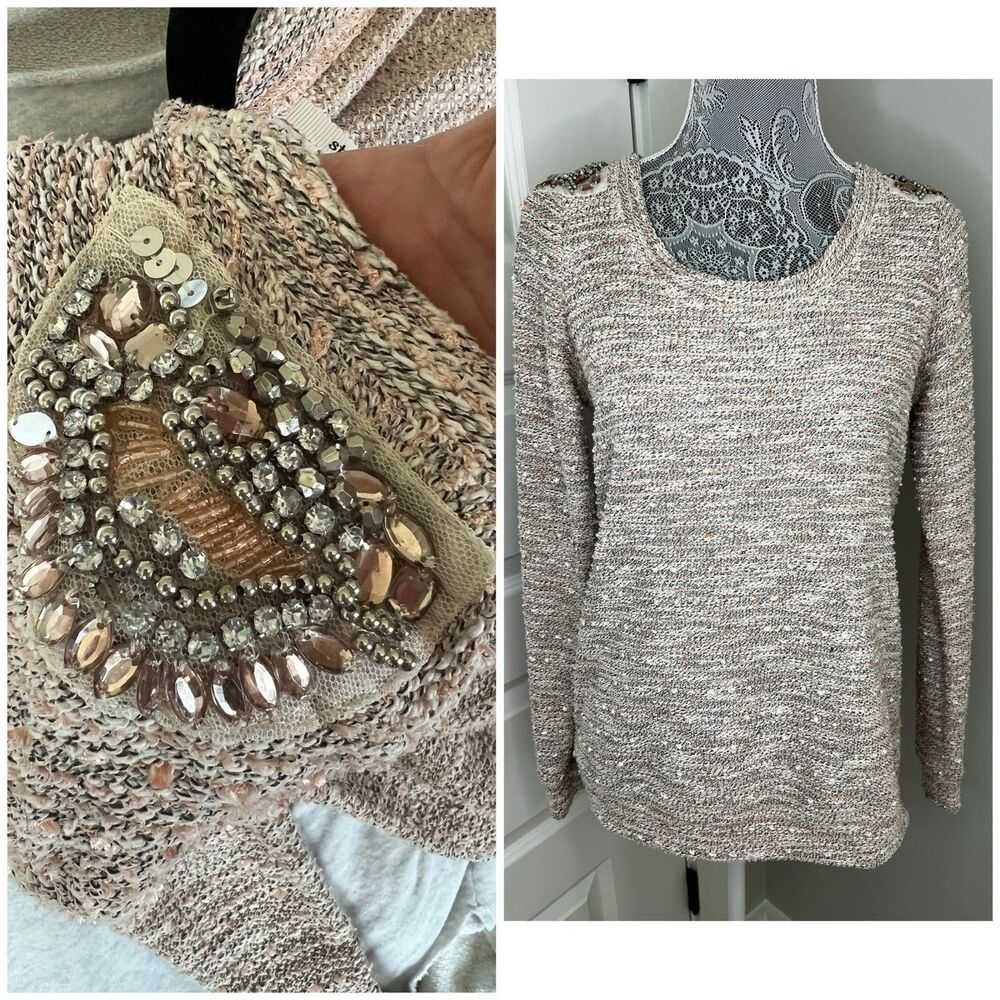 Studio Y Women's Tweed Sweater Size Medium  rhinestone Shoulders Holiday Sparkle
